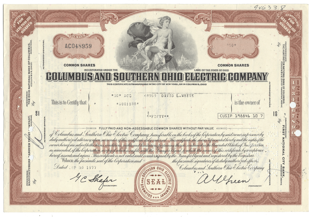 Vintage stock certificate for Columbus and Southern Ohio Electric Company with decorative elements.