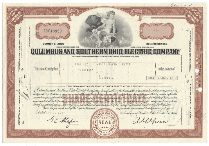 Vintage stock certificate for Columbus and Southern Ohio Electric Company with decorative elements.