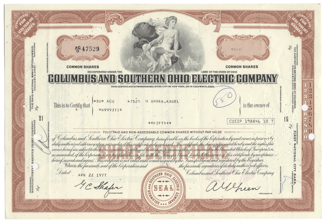 Vintage stock certificate of Columbus and Southern Ohio Electric Company with decorative elements.