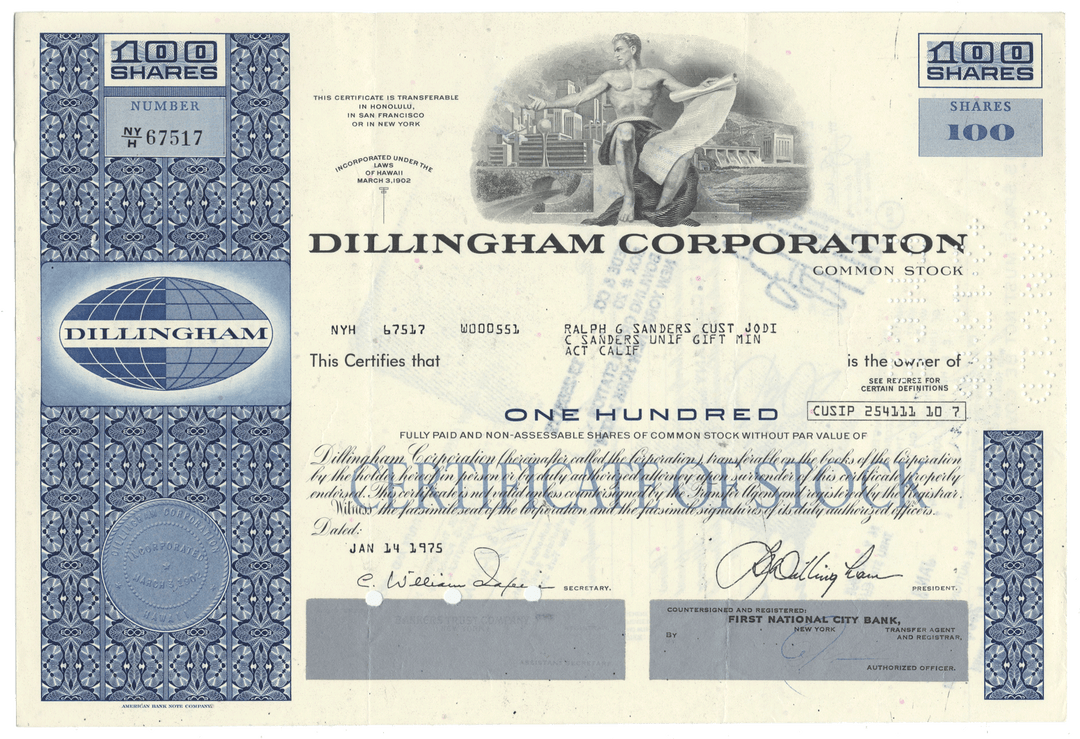 Dillingham Corporation stock certificate from 1972 with blue and black design elements.