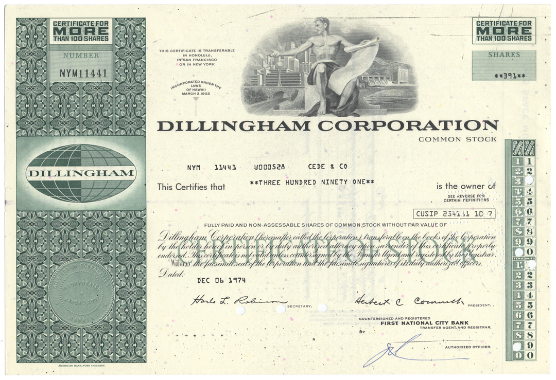 Dillingham Corporation Stock Certificate