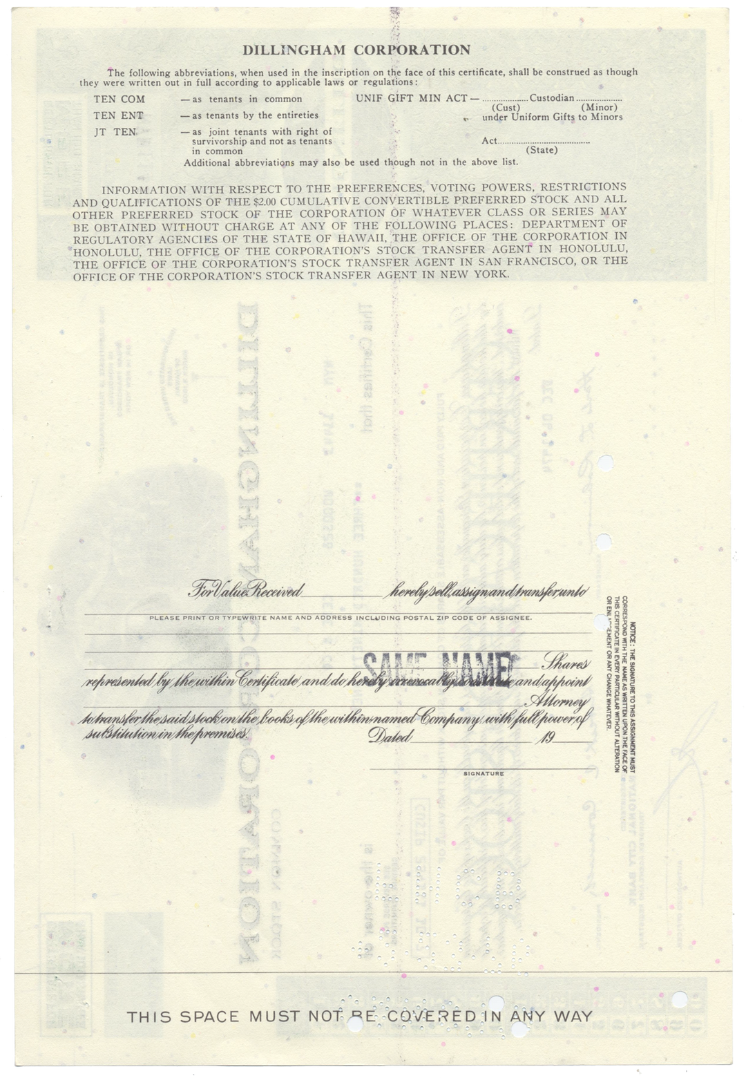 Dillingham Corporation Stock Certificate