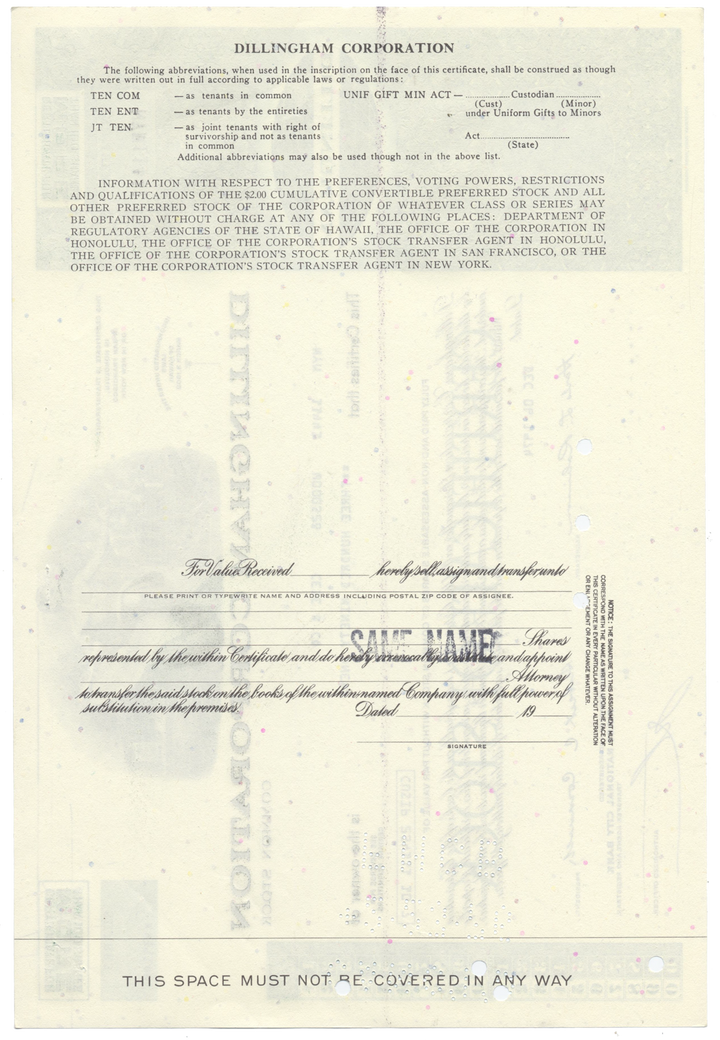 Dillingham Corporation Stock Certificate