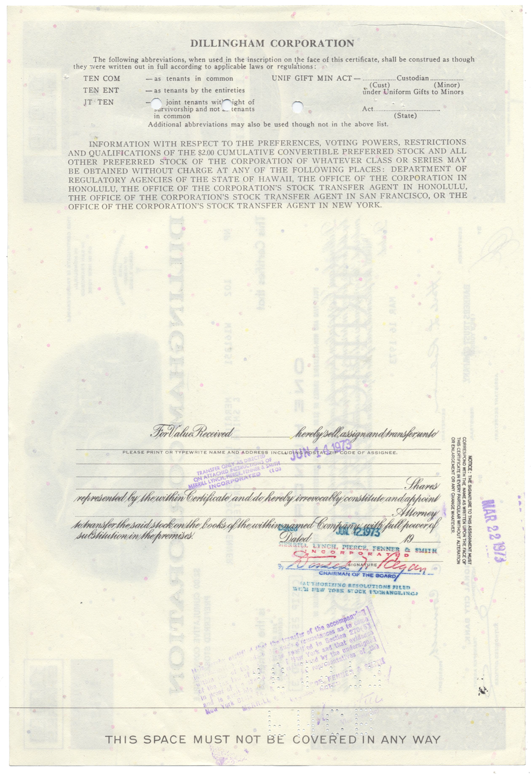 Dillingham Corporation Stock Certificate