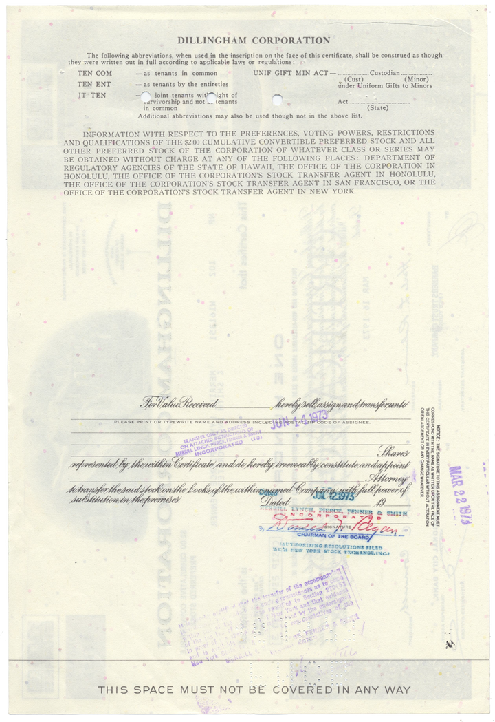 Dillingham Corporation Stock Certificate