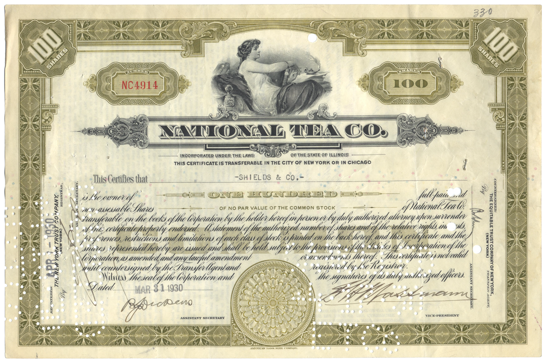 National Tea Co. Stock Certificate