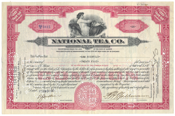 National Tea Co. Stock Certificate