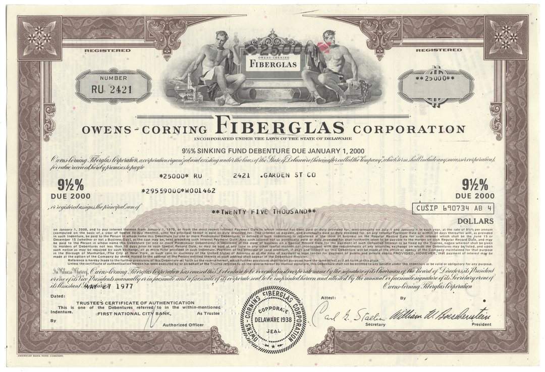Owens-Corning Fiberglas Corporation bond certificate with decorative elements