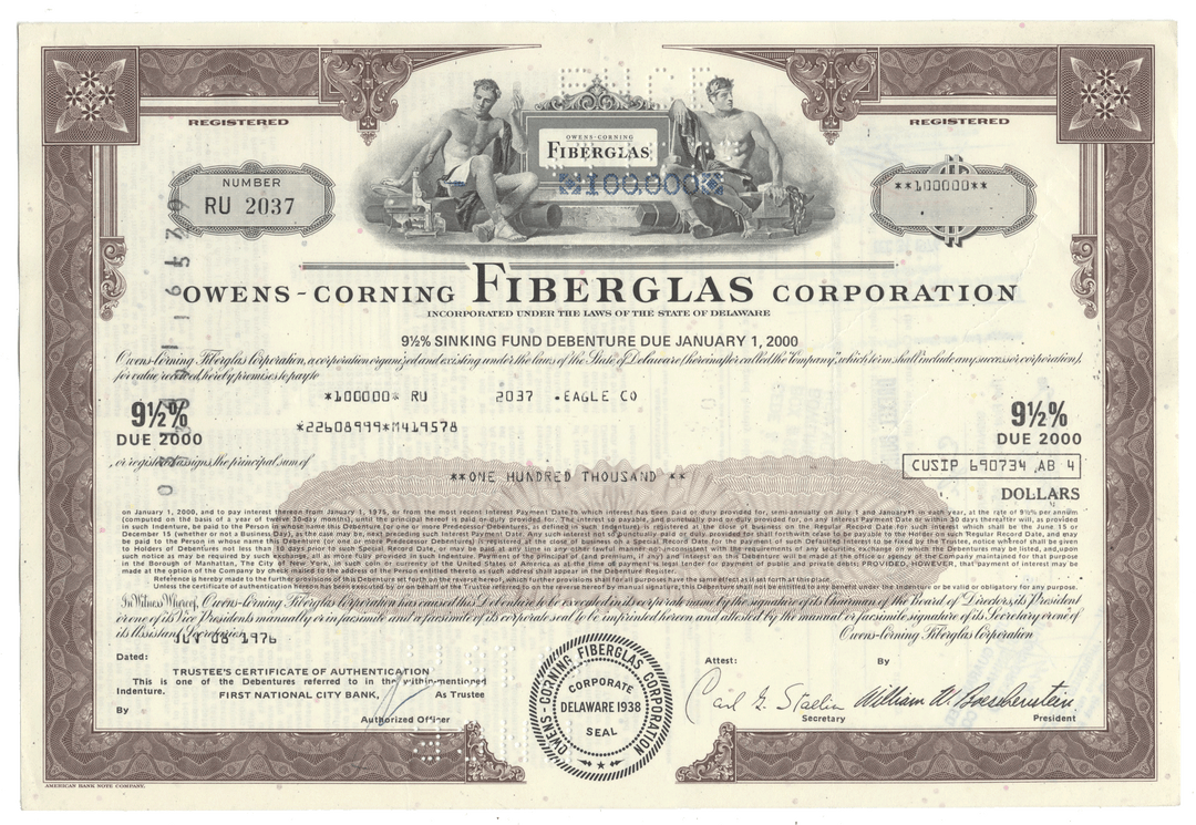 Owens-Corning Fiberglas Corporation bond certificate with decorative elements and text.
