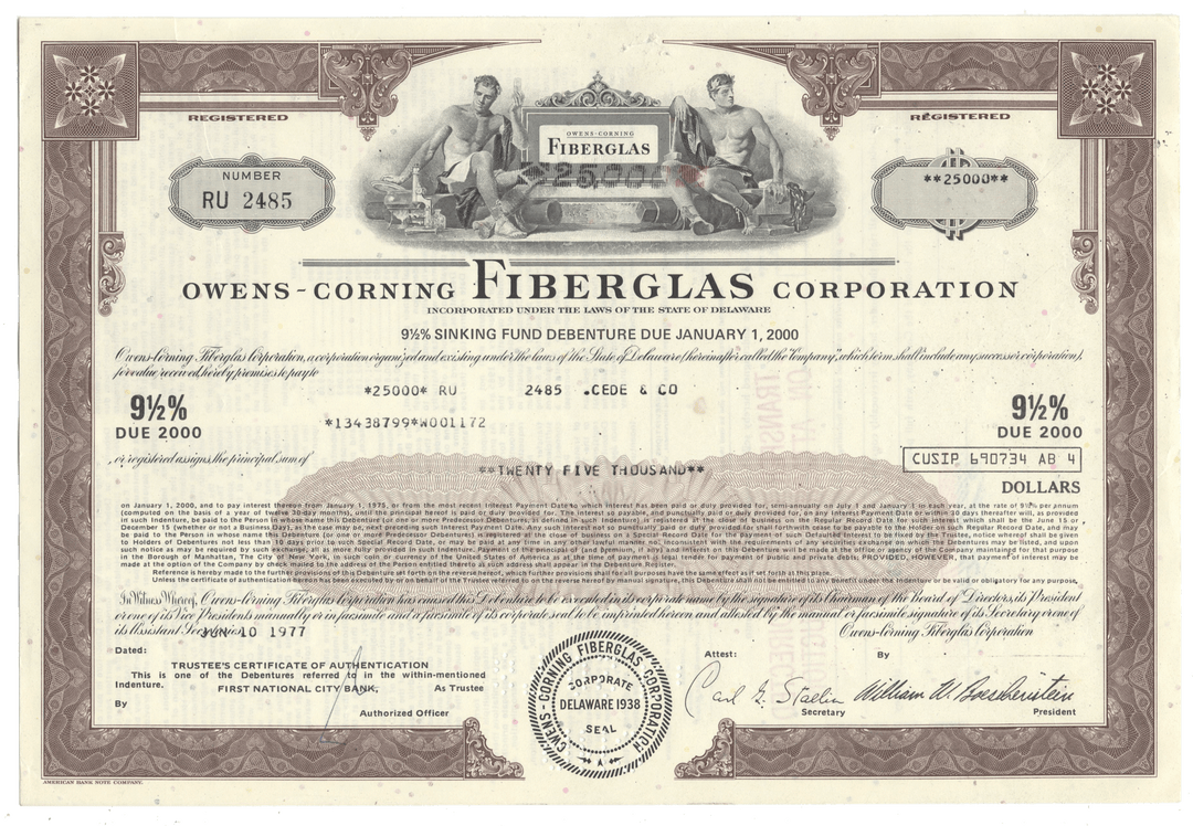 Owens-Corning Fiberglas Corporation bond certificate with detailed text and graphics from 1977