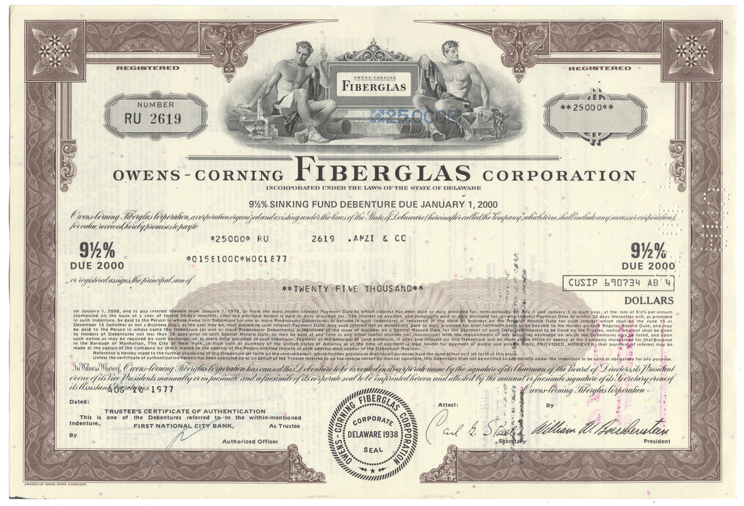 Owens-Corning Fiberglas Corporation bond certificate