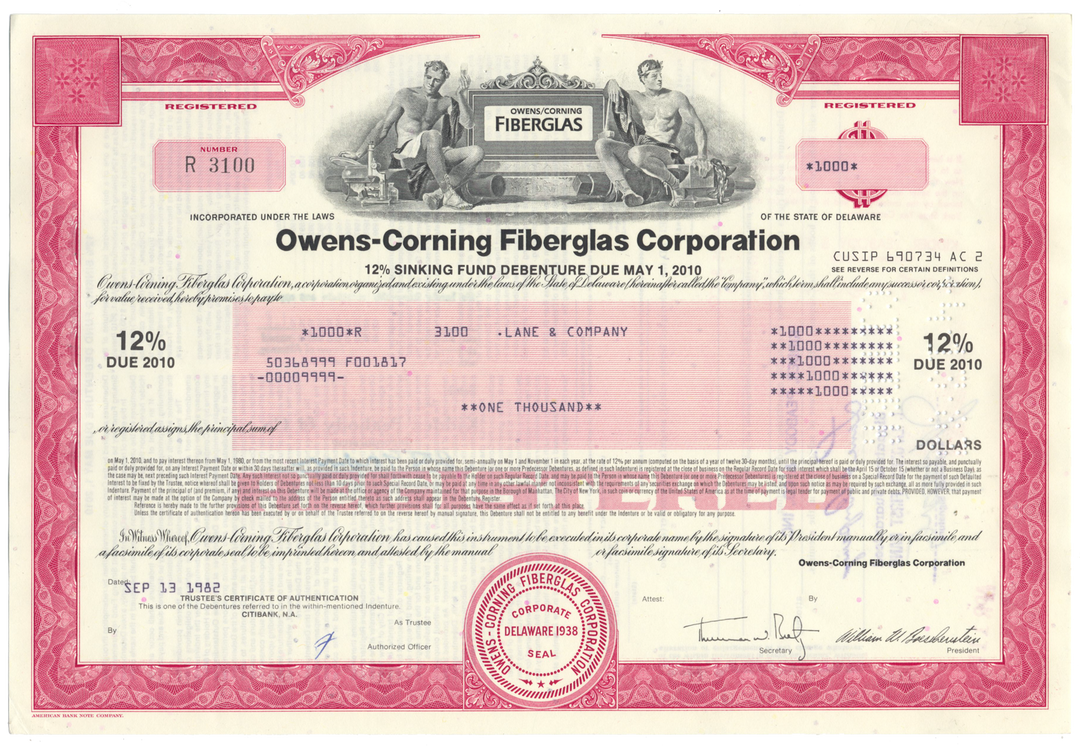 Owens-Corning Fiberglas Corporation Bond Certificate