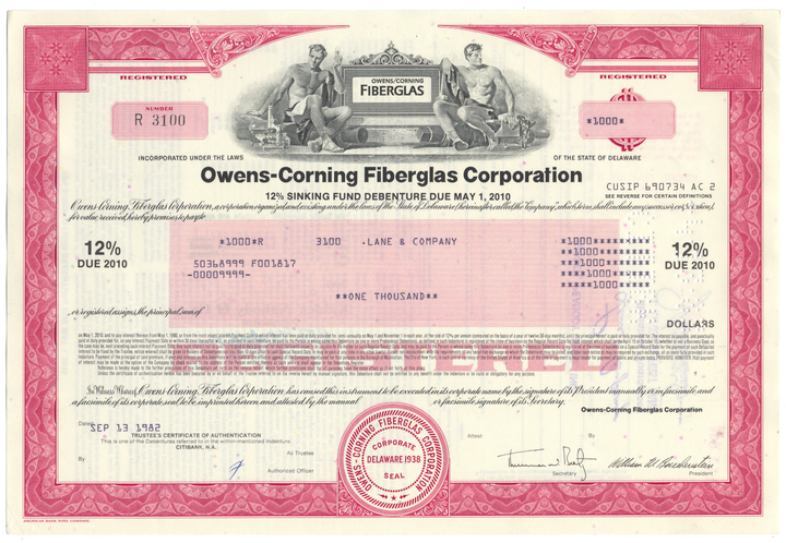 Owens-Corning Fiberglas Corporation Bond Certificate