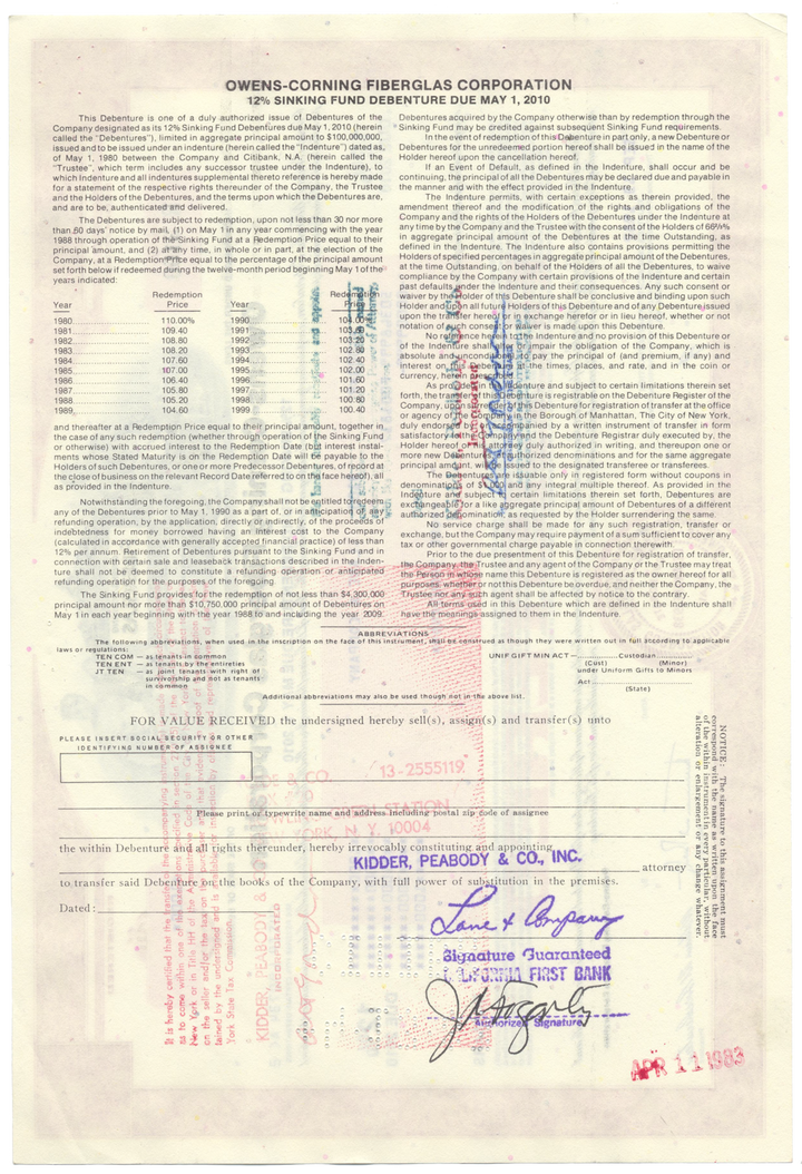 Owens-Corning Fiberglas Corporation Bond Certificate