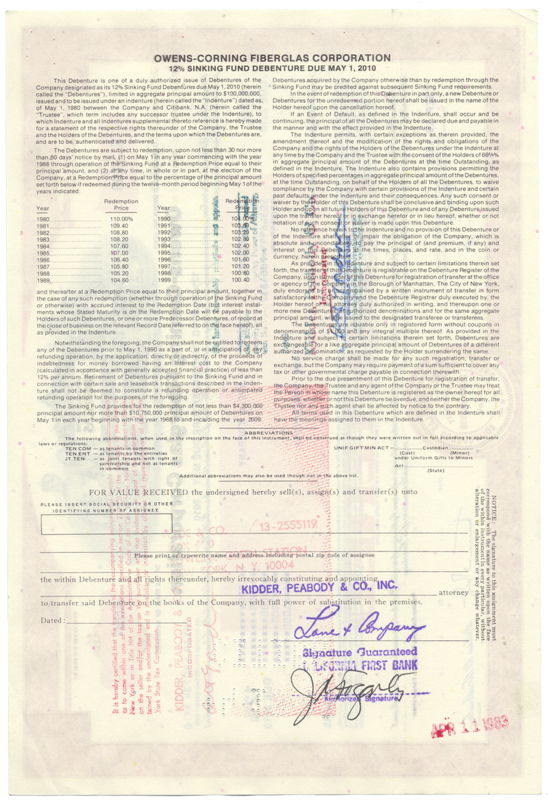 Owens-Corning Fiberglas Corporation Bond Certificate