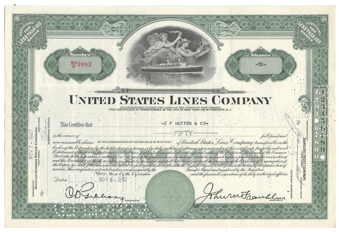 United States Lines Company stock certificate from 1947
