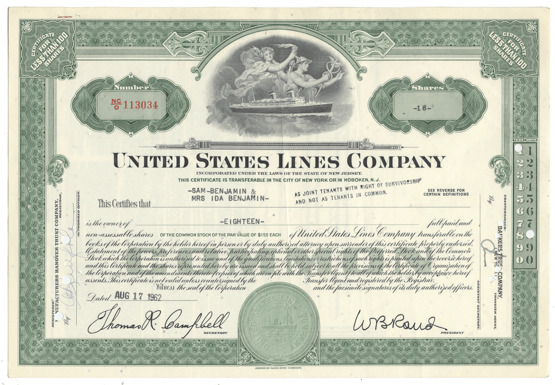 United States Lines Company stock certificate from 1962
