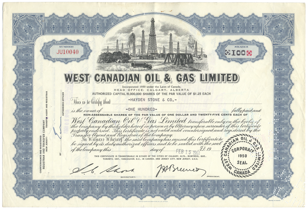 West Canadian Oil & Gas Limited Stock Certificate