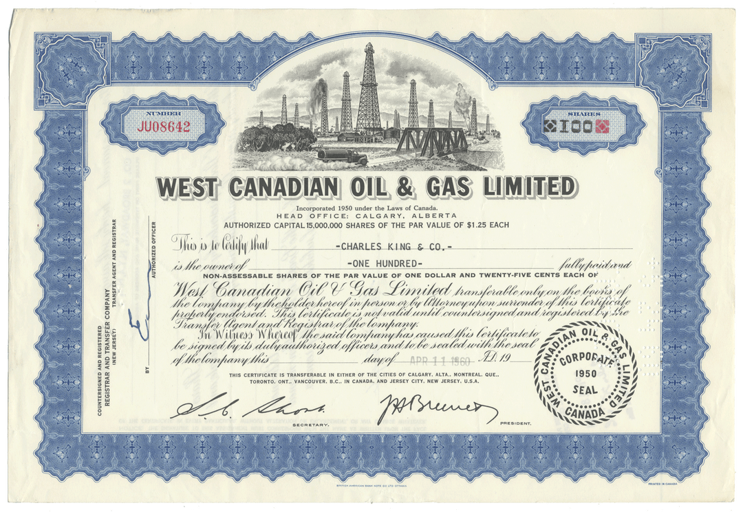 West Canadian Oil & Gas Limited Stock Certificate