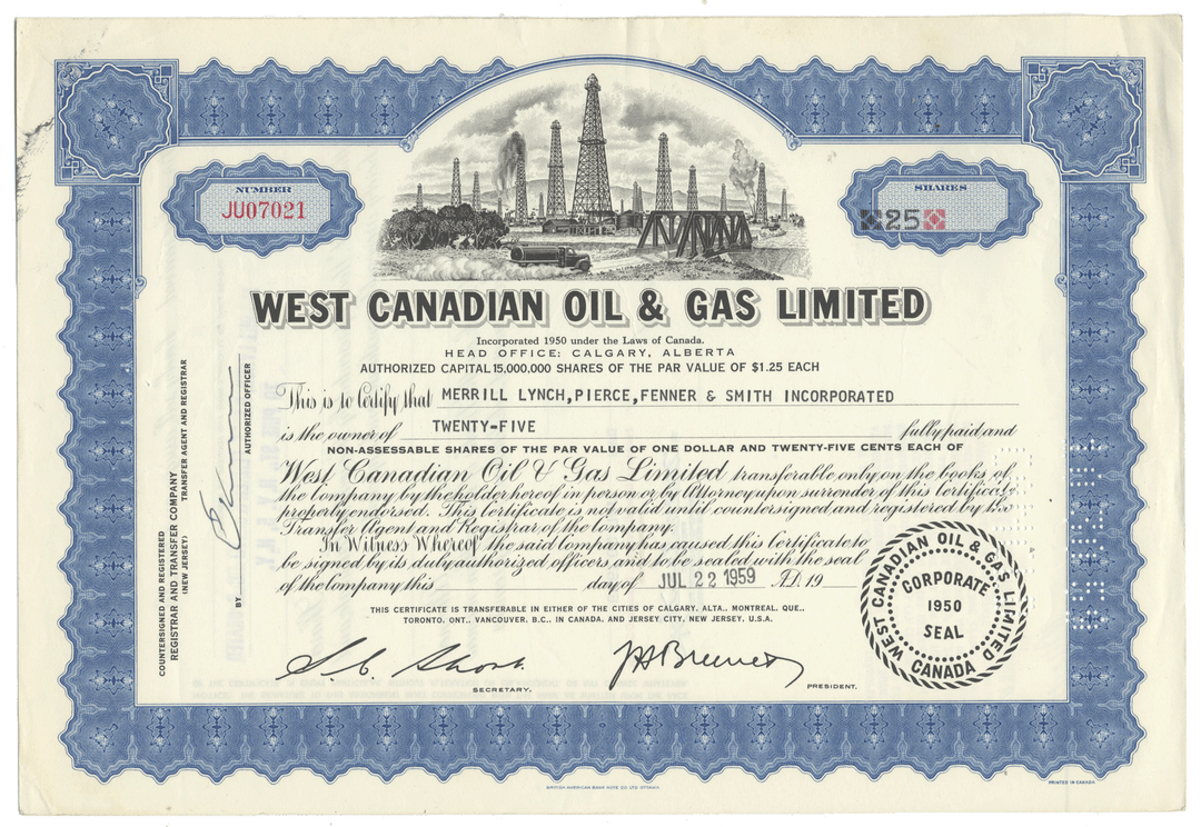 West Canadian Oil & Gas Limited stock certificate from 1959