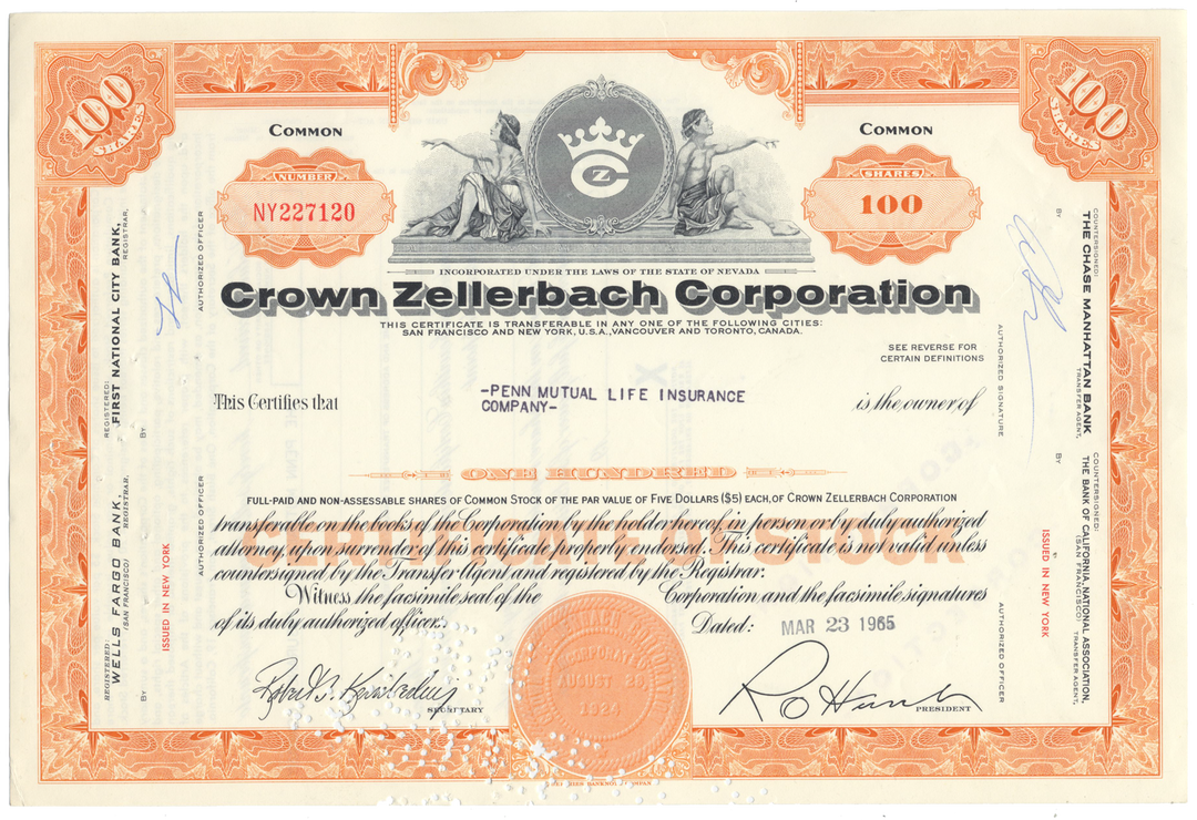 Crown Zellerbach Corporation Stock Certificate