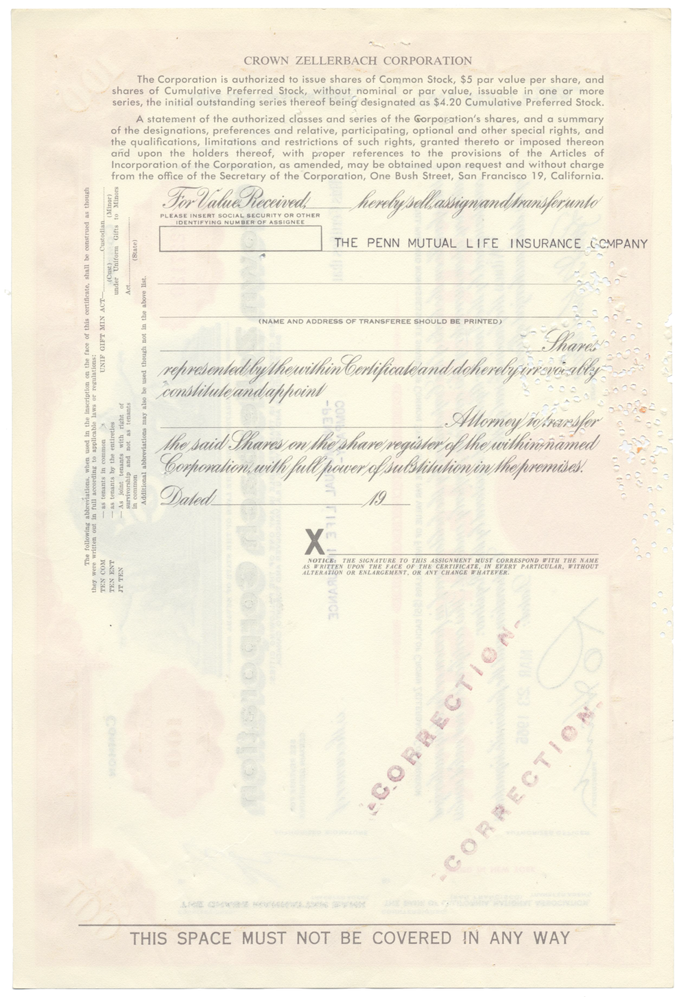 Crown Zellerbach Corporation Stock Certificate