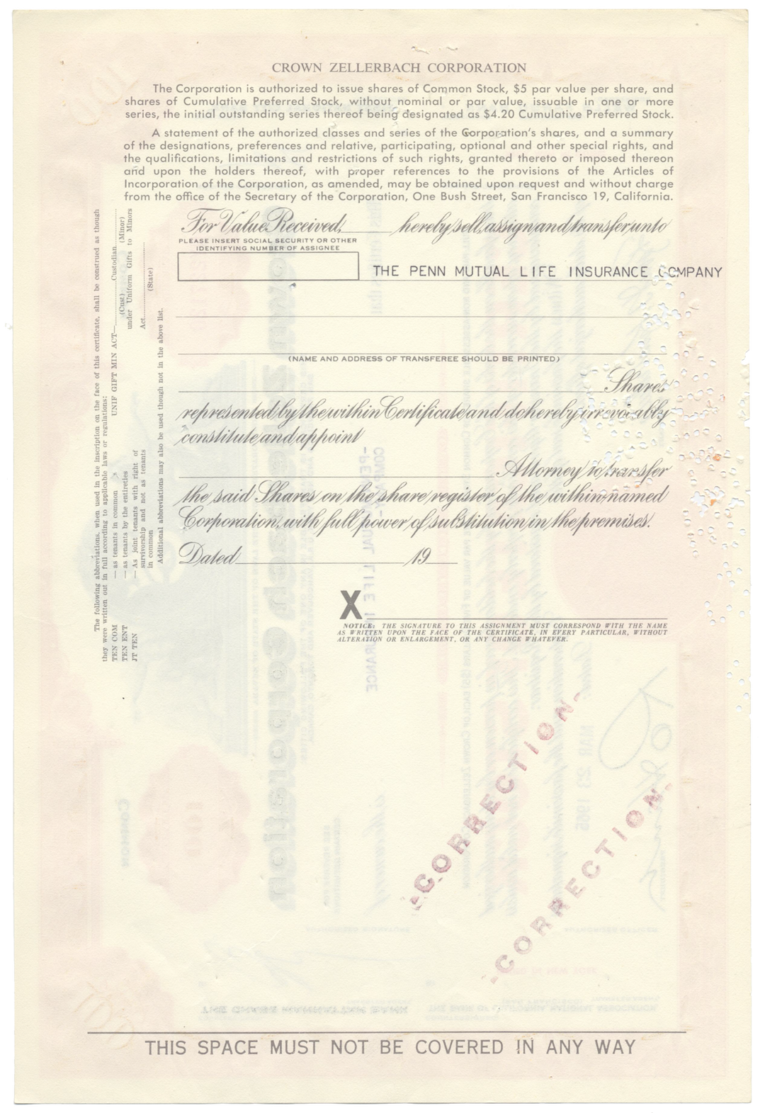 Crown Zellerbach Corporation Stock Certificate