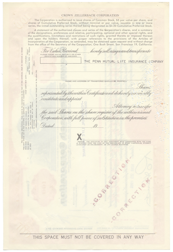 Crown Zellerbach Corporation Stock Certificate