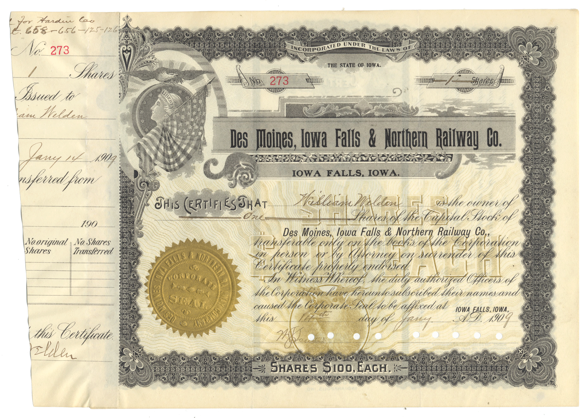 Des Moines, Iowa Falls & Northern Railway Co. stock certificate from 1909.