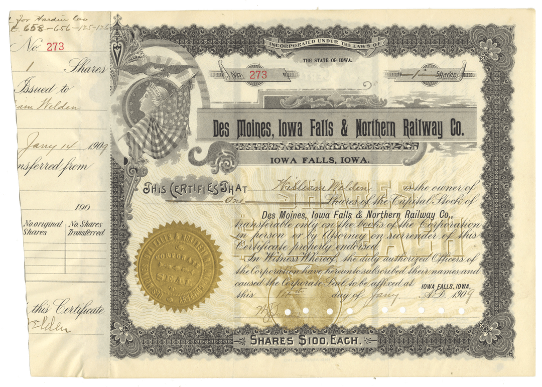 Des Moines, Iowa Falls & Northern Railway Co. stock certificate from 1909.