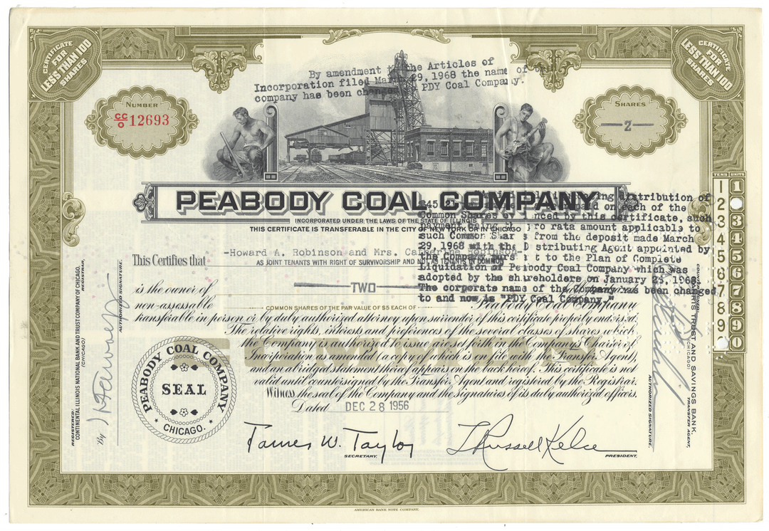 Peabody Coal Company stock certificate from 1956