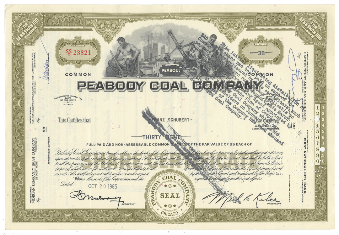 Peabody Coal Company stock certificate from 1965