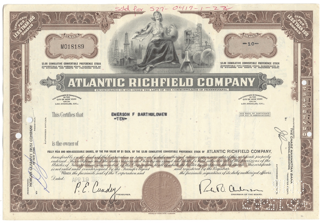 Vintage stock certificate of Atlantic Richfield Company with detailed design and text.