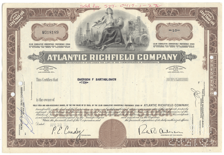Vintage stock certificate of Atlantic Richfield Company with detailed design and text.