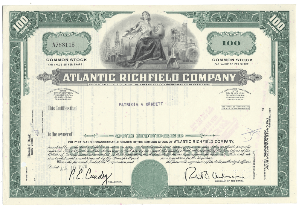 Vintage stock certificate of Atlantic Richfield Company with decorative elements.
