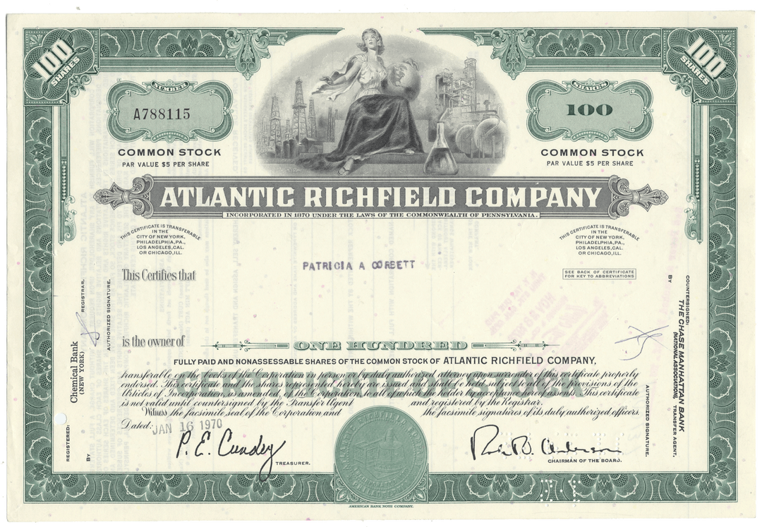 Vintage stock certificate of Atlantic Richfield Company with decorative elements.