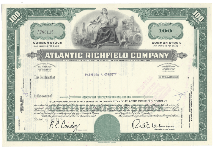 Vintage stock certificate of Atlantic Richfield Company with decorative elements.