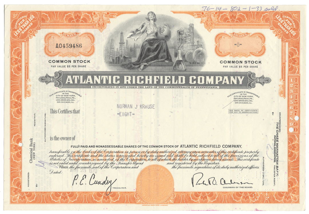 Vintage stock certificate of Atlantic Richfield Company with decorative elements.
