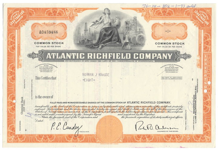 Vintage stock certificate of Atlantic Richfield Company with decorative elements.
