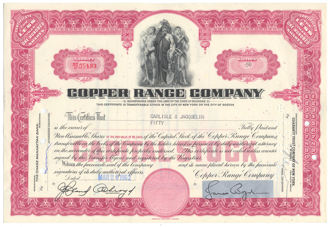 Copper Range Company Stock Certificate