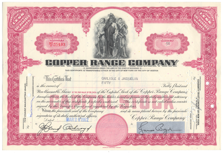 Copper Range Company Stock Certificate