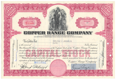 Copper Range Company Stock Certificate