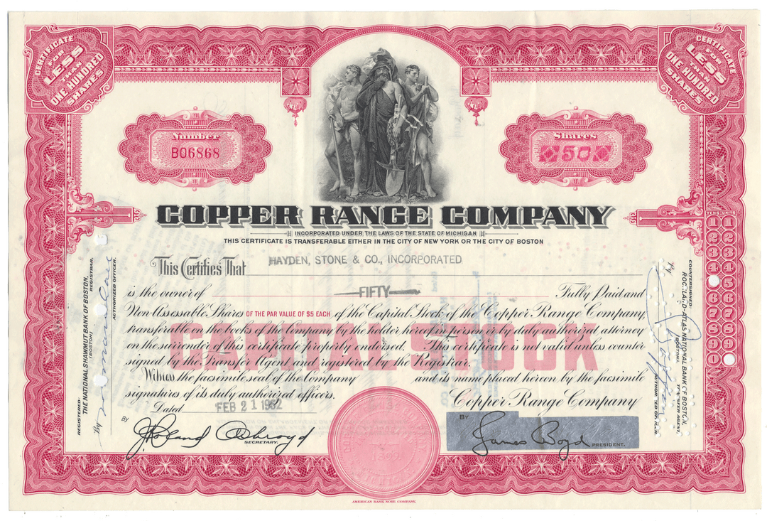 Copper Range Company stock certificate with decorative elements and text.
