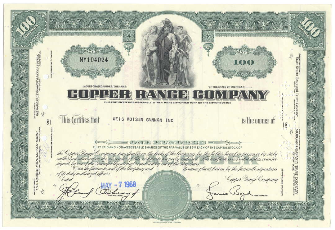 Copper Range Company Stock Certificate