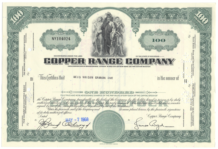 Copper Range Company Stock Certificate