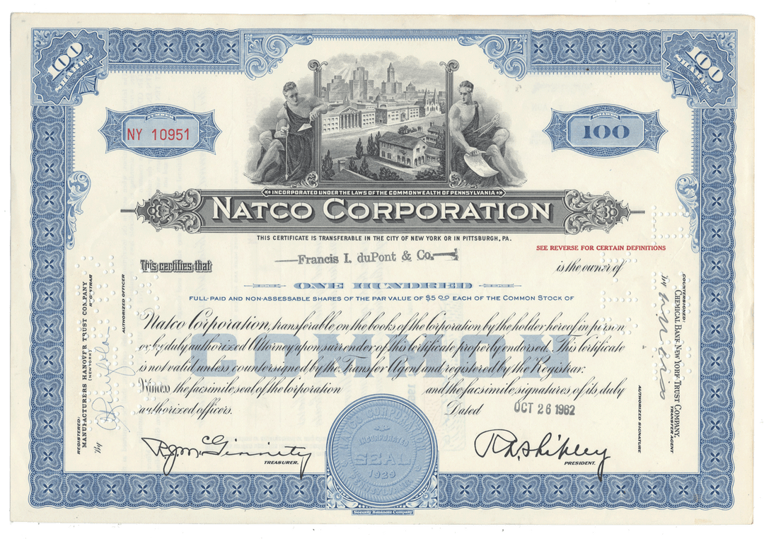 Natco Corporation tock certificate from 1962