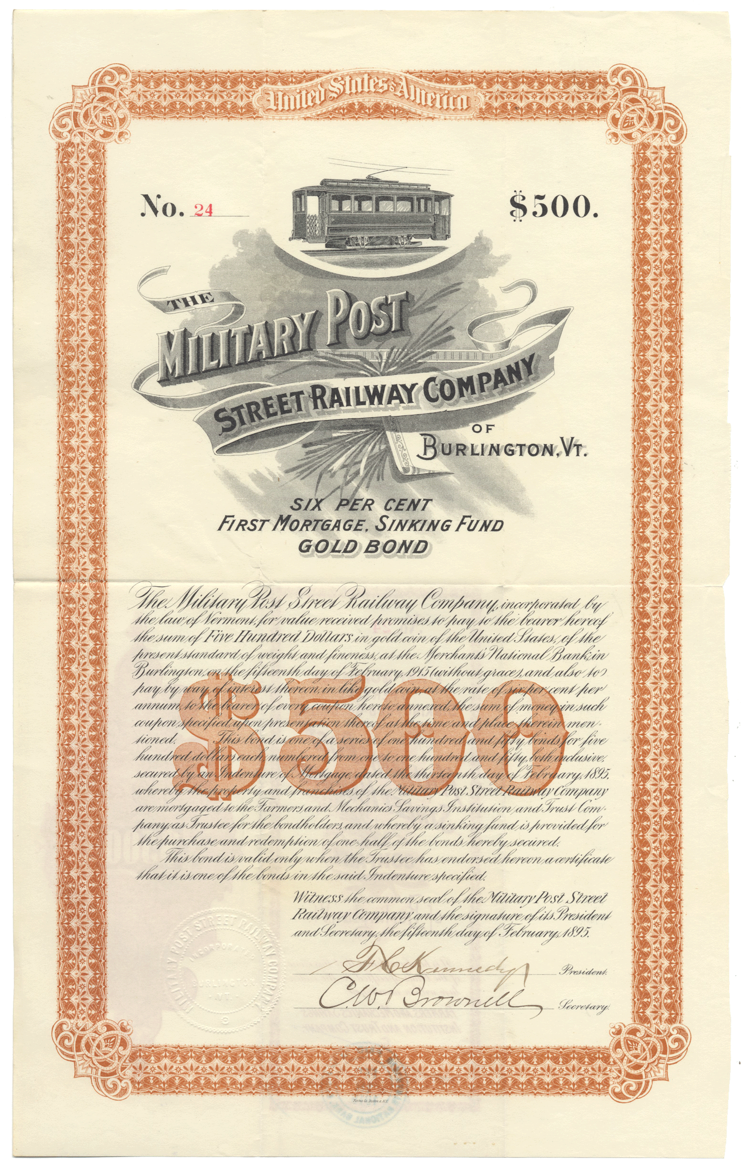 Military Post Street Railway Company Bond Certificate