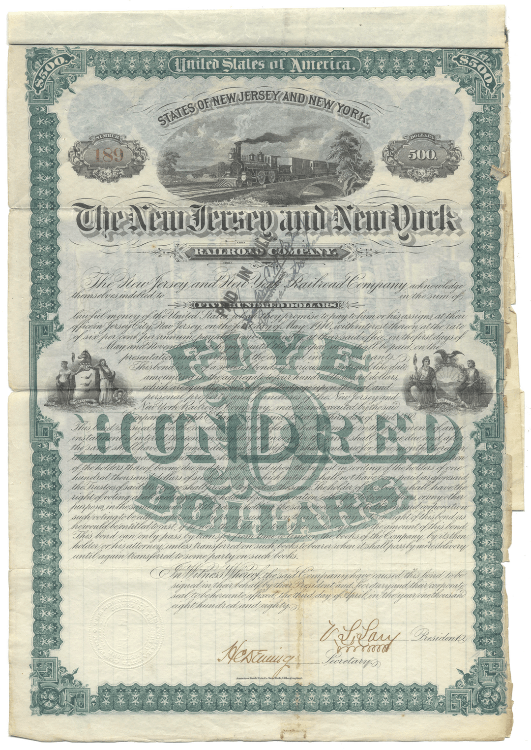 New Jersey and New York Rail Road Company Bond Certificate