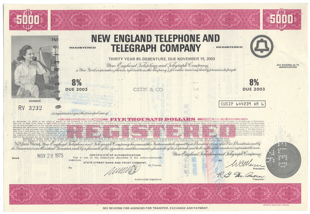 Vintage bond certificate for New England Telephone and Telegraph Company