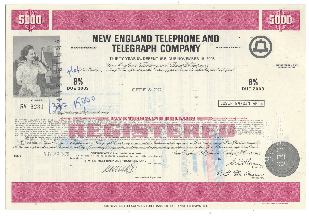 Vintage bond certificate for New England Telephone and Telegraph Company from 1975